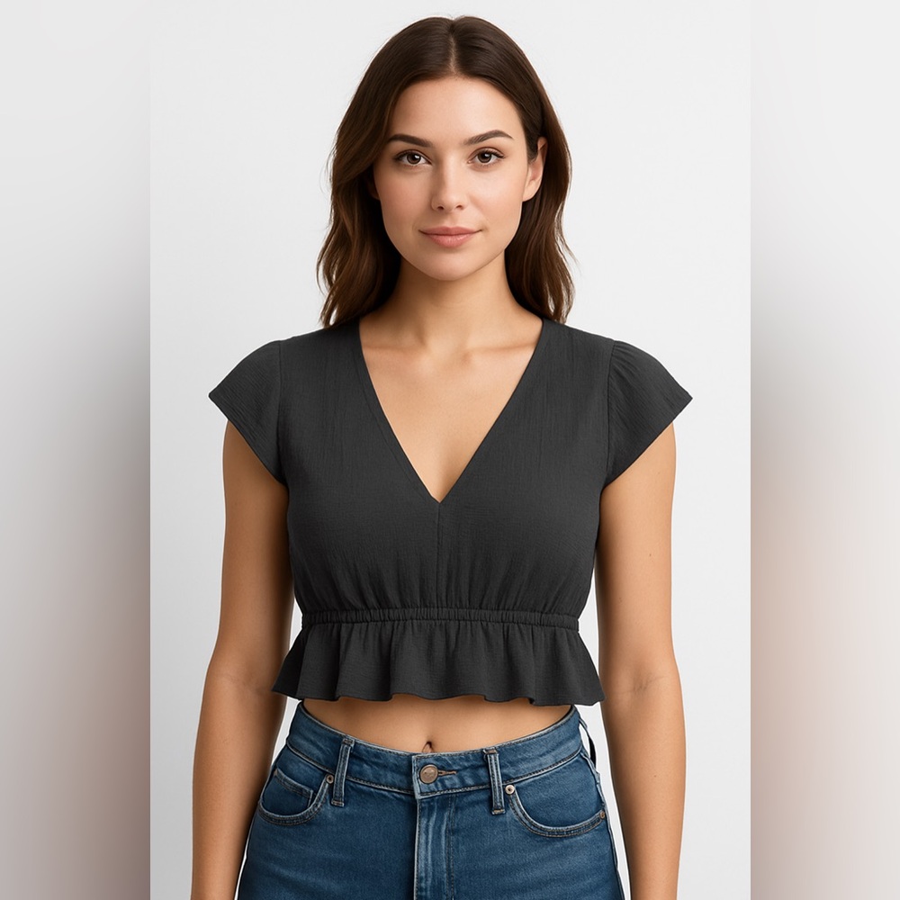 Charcoal Grey Distressed Cropped Blouse